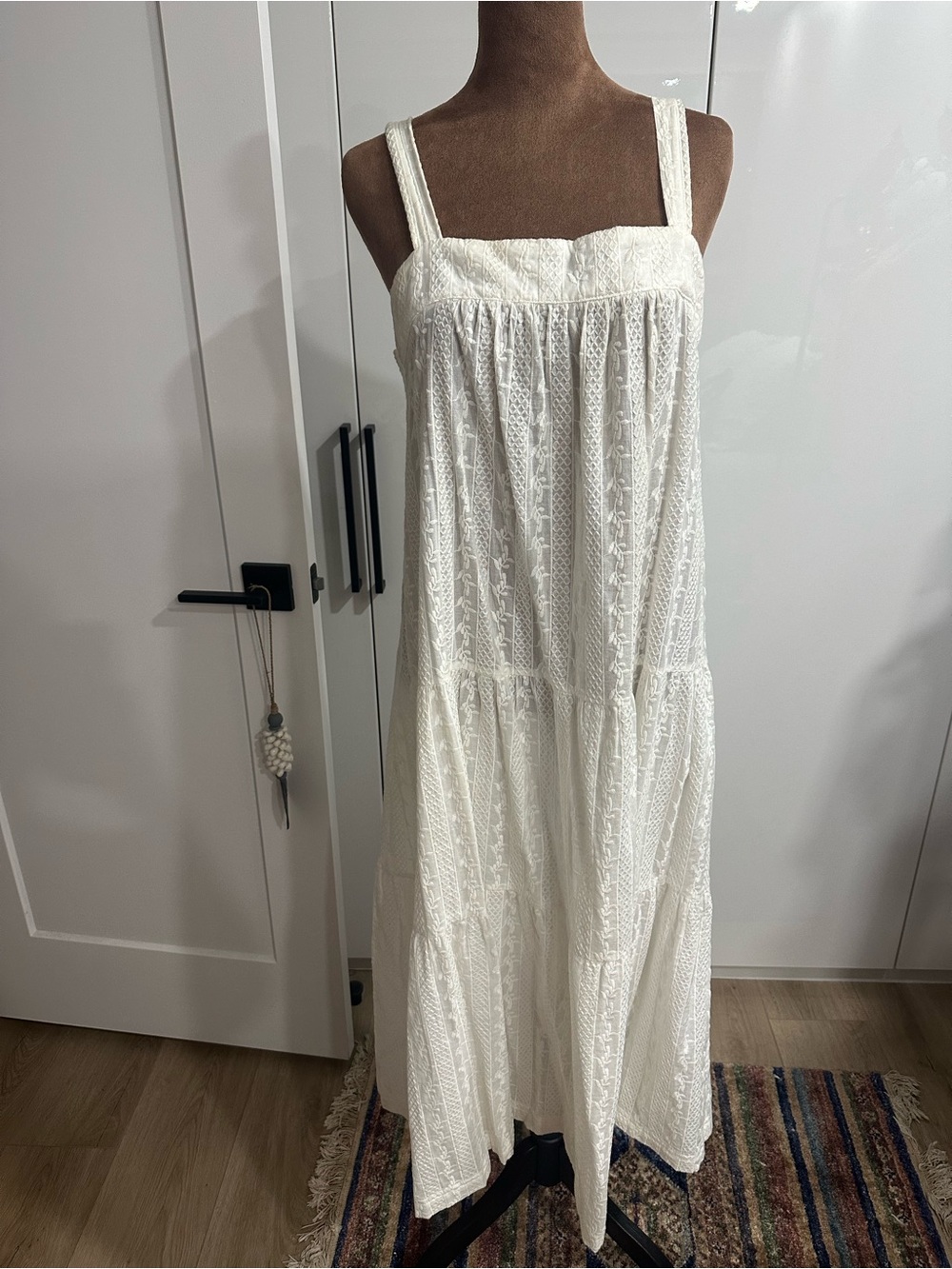 Bohemian White Lace Maxi Dress with Square Neck and Wide Straps